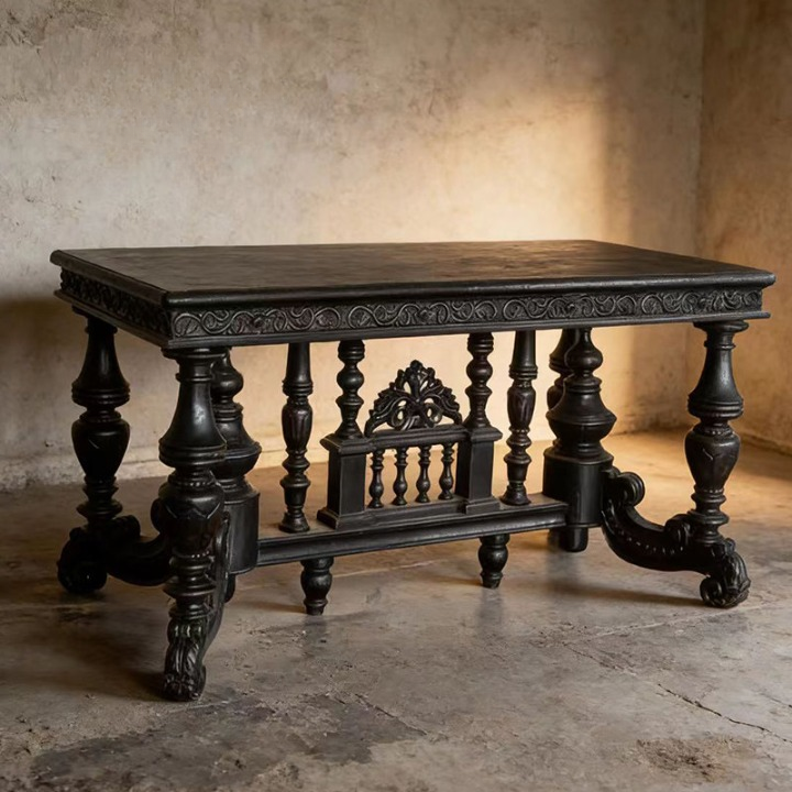 Hand-Carved Solid Elm Wood Dining Table, Rectangular Black Wood Table with Ornate Turned Legs and Decorative Stretcher Base for Dining Room, Study or Entryway