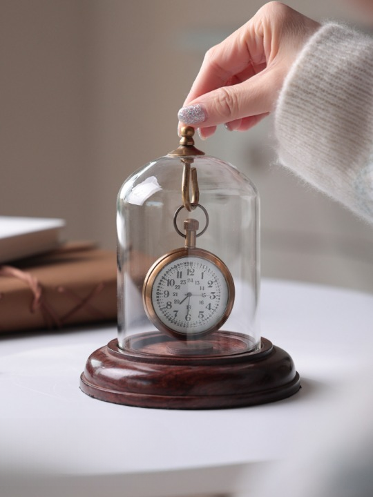 Vintage Pocket Watch Table Clock with Glass Dome and Wood Base