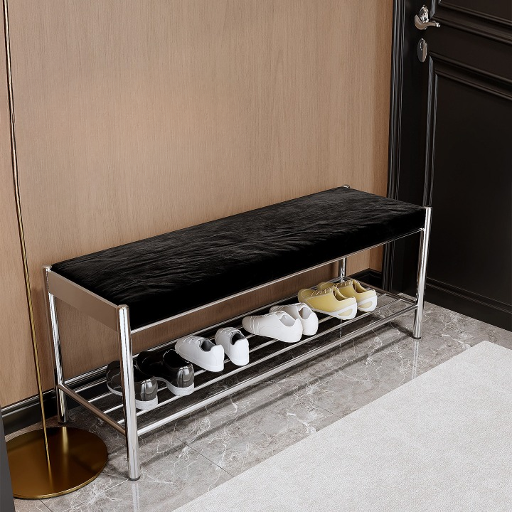 Stainless Steel Shoe Bench with Padded Black Chenille Seat, 31.5-Inch Entryway Bench with Lower Shoe Storage Rack for Hallway, Bedroom, Closet or Foyer