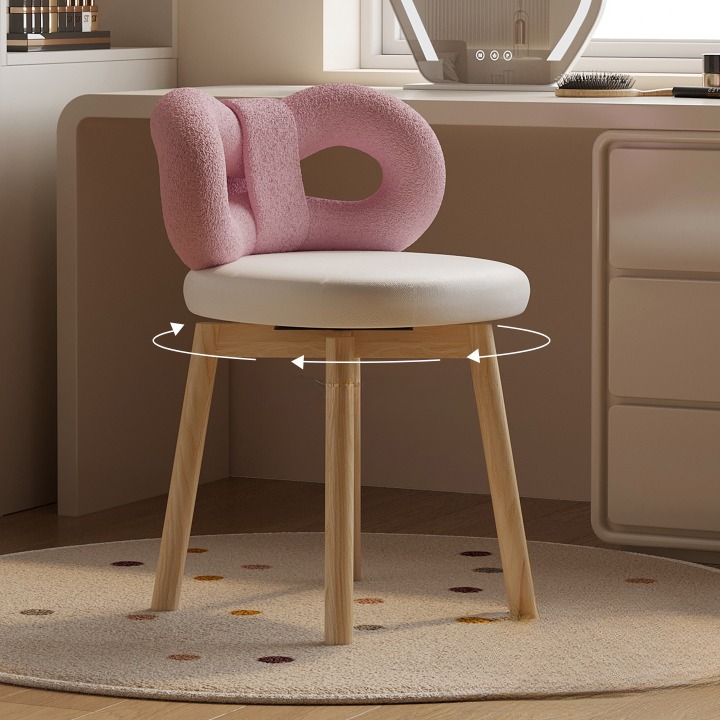 Pink 360° Swivel Vanity Chair with Bow Backrest, Sherpa Upholstered Makeup Stool with Padded Leather-Look Seat and Solid Wood Legs for Bedroom or Dressing Room