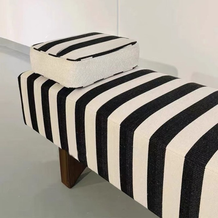 Black and Cream Striped Upholstered Bench with Wood Legs