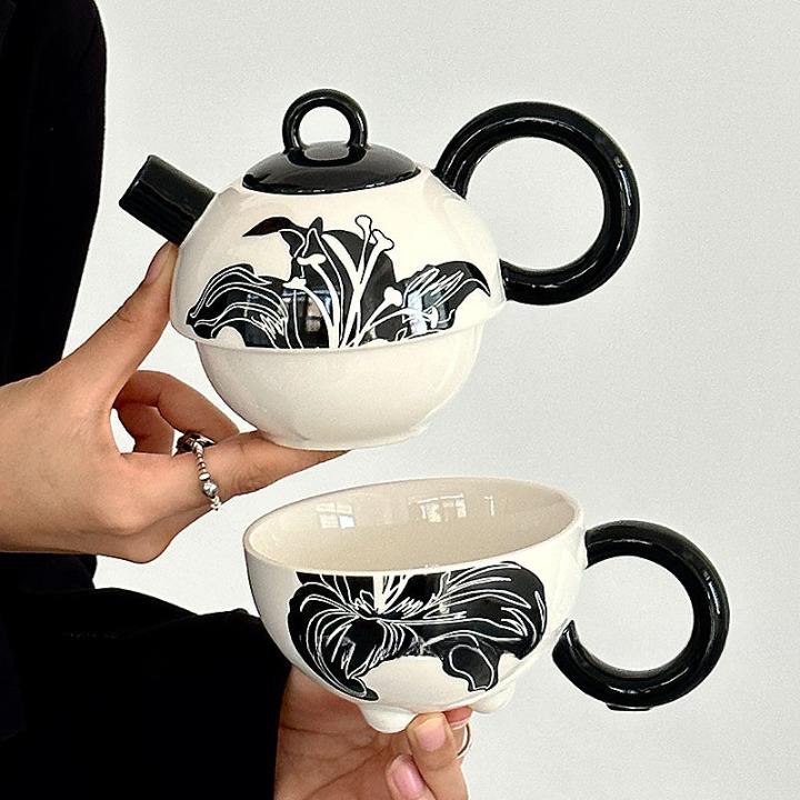 Ceramic Tea-for-One Set with Cup, Black and White Lily