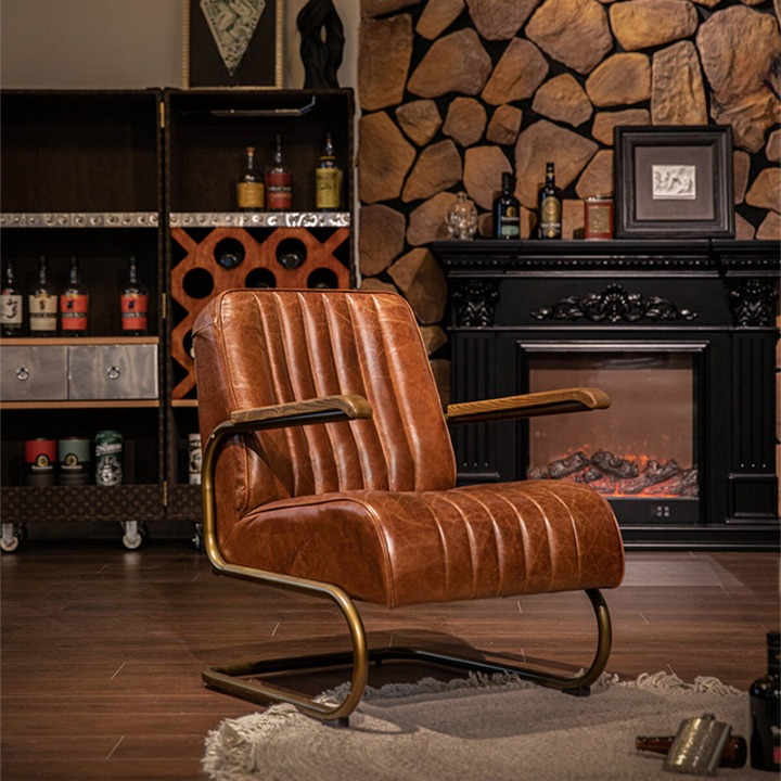 Brown Leather Accent Chair, Oil Waxed Top Grain Leather Lounge Chair with Cantilever Metal Frame and Wood Armrests, Mid Century Modern Armchair for Living Room, Bedroom, Office