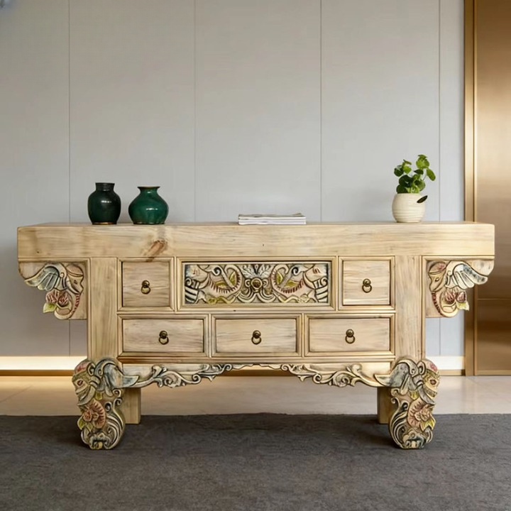 Hand-Painted Solid Wood Console Table with 5 Drawers