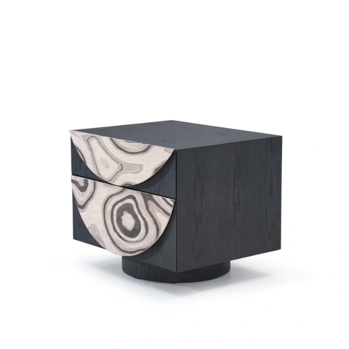 Modern Abstract Nightstand, Black Wood Bedside Table with 2 Drawers, Geometric Pattern Storage Cabinet for Bedroom, Living Room, Entryway, Hotel Room