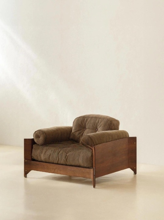Brown Chenille Lounge Chair, Solid Wood Accent Chair with Bolster Pillows, Vintage Upholstered Armchair, Low Profile Single Sofa Chair for Living Room, Bedroom, Balcony and Hotel Lounge