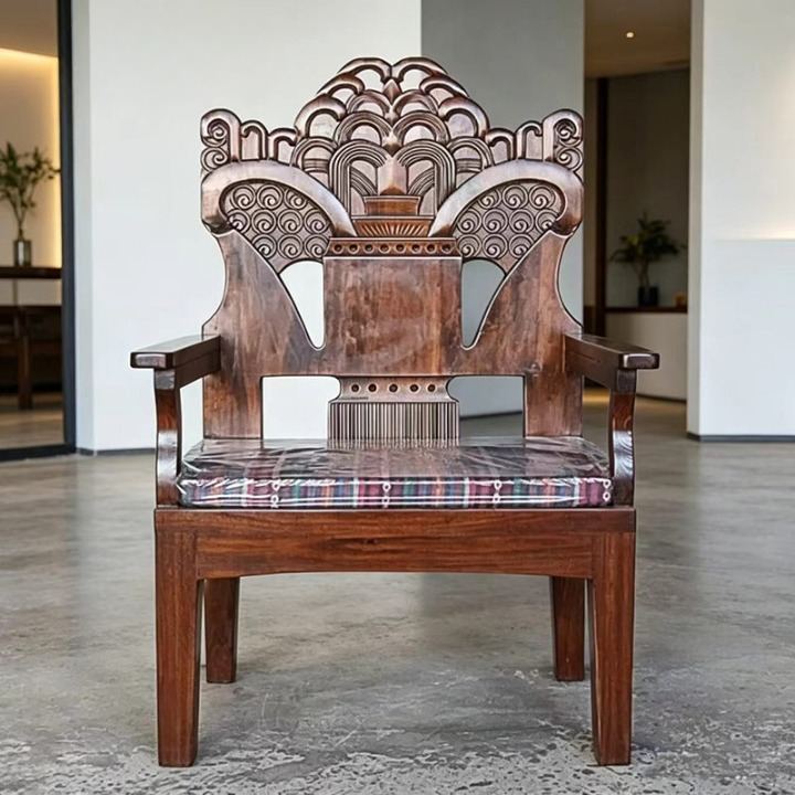 Hand-Carved Solid Elm Wood Dining Chair with Arms, Tall Back Accent Armchair, Ornamental Sculpted Backrest Side Chair for Dining Room, Living Room or Reception Area, Brown Wood Finish