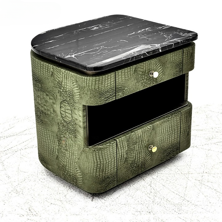 Olive Green Crocodile-Embossed Leather-Look Nightstand with Natural Marble Top, Two-Drawer Curved Bedside Table with Open Shelf and Gold Knobs for Bedroom, Guest Room and Living Room