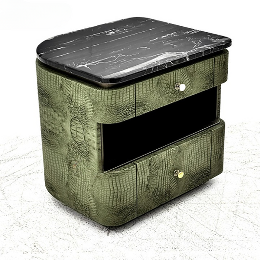 Olive Green Crocodile-Embossed Leather-Look Nightstand with Natural Marble Top, Two-Drawer Curved Bedside Table with Open Shelf and Gold Knobs for Bedroom, Guest Room and Living Room