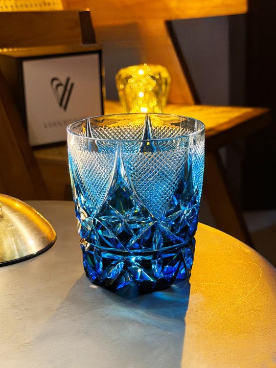 Blue Cut Crystal Whiskey Glass, 8.8 Oz Geometric Rocks Tumbler