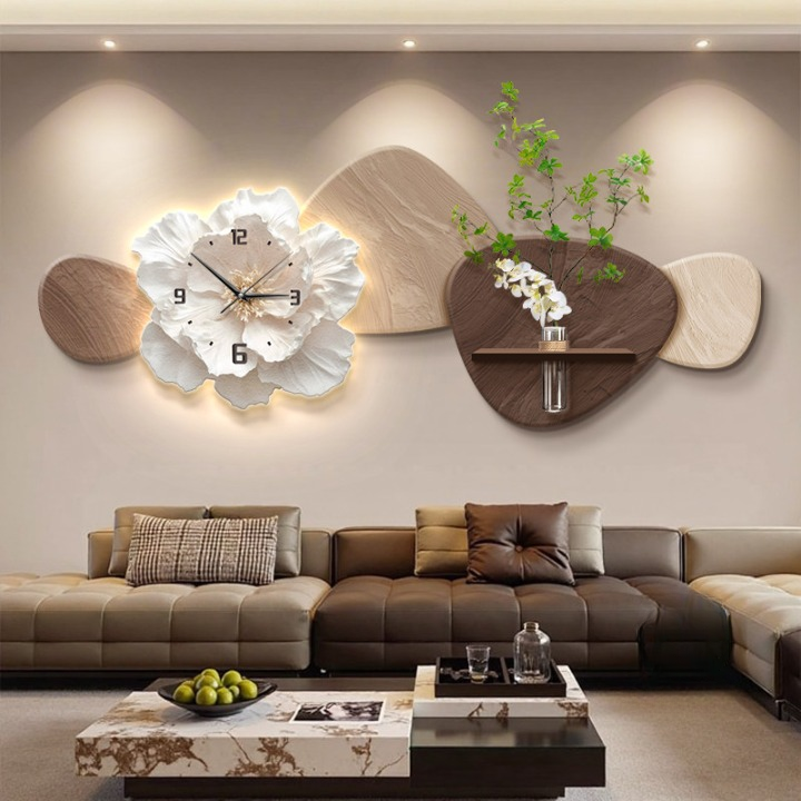 Modern Floral Wall Clock 39 x 15 Inch, 3D Flower Wall Art with Vase and LED Light