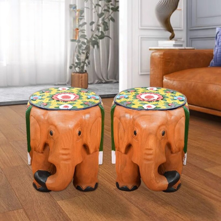 Hand-Painted Solid Wood Elephant Stool for Entryway and Living Room