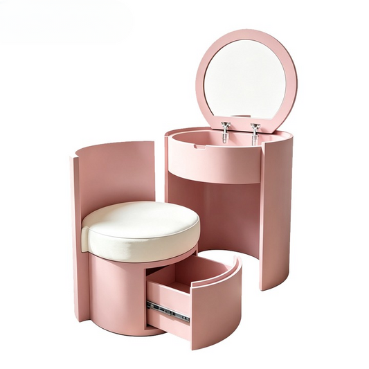 Pink Round Vanity Table Set with Flip-Top Mirror and Storage Stool