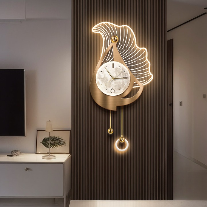 Modern Gold Wall Clock 12 x 25 Inch, 3D Leaf Wall Art with LED Light