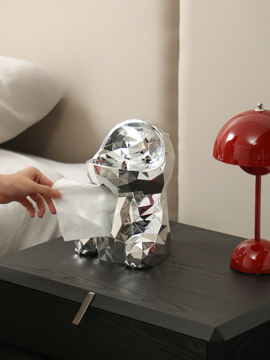 Silver Geometric Dinosaur Tissue Box Cover, Faceted Resin Facial Tissue Holder with Reflective Metallic Finish, Decorative Napkin Dispenser for Living Room, Bedroom, Bathroom, Office and Coffee Table