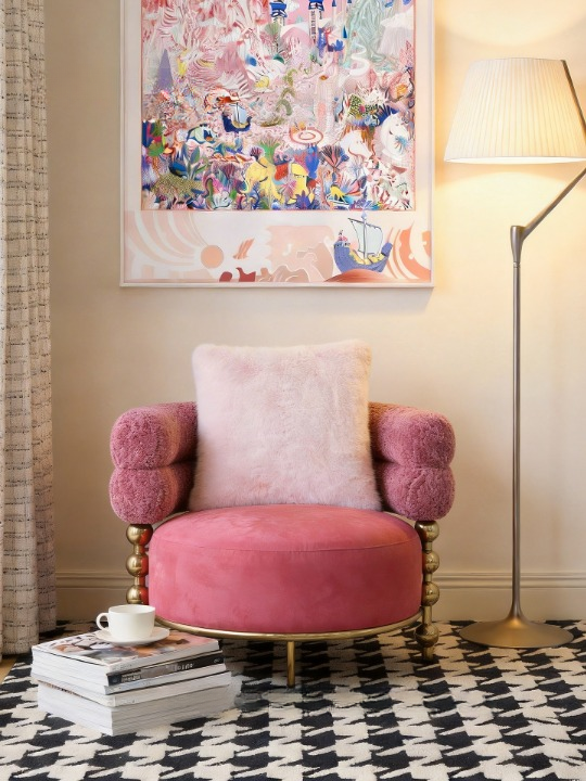 Pink Accent Chair with Faux Fur Arms and Gold Metal Base