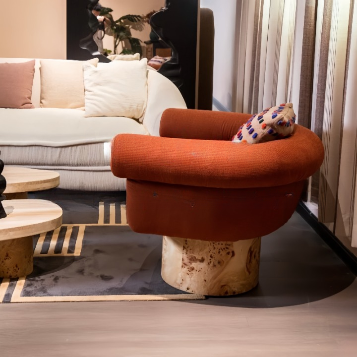 Orange Upholstered Swivel Accent Chair with Burl Wood Pedestal Base
