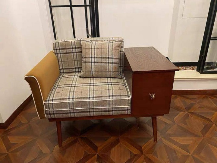 Plaid Wood Telephone Bench with Side Table and Storage Cabinet