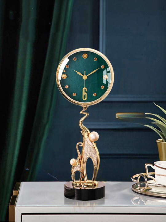 Green and Gold Elephant Table Clock, Rhinestone-Inlaid Decorative Mantel Clock with Textured Dial, Faux Pearl Accents and Black Pedestal Base for Living Room, Office, Bedroom and Console Table