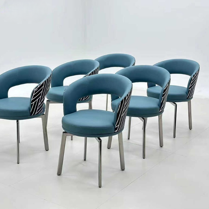 Teal Blue Upholstered Swivel Dining Chair, Curved Open-Back Armchair with Black Wire Detail and Polished Stainless Steel Legs for Dining Room, Kitchen, Vanity and Reception