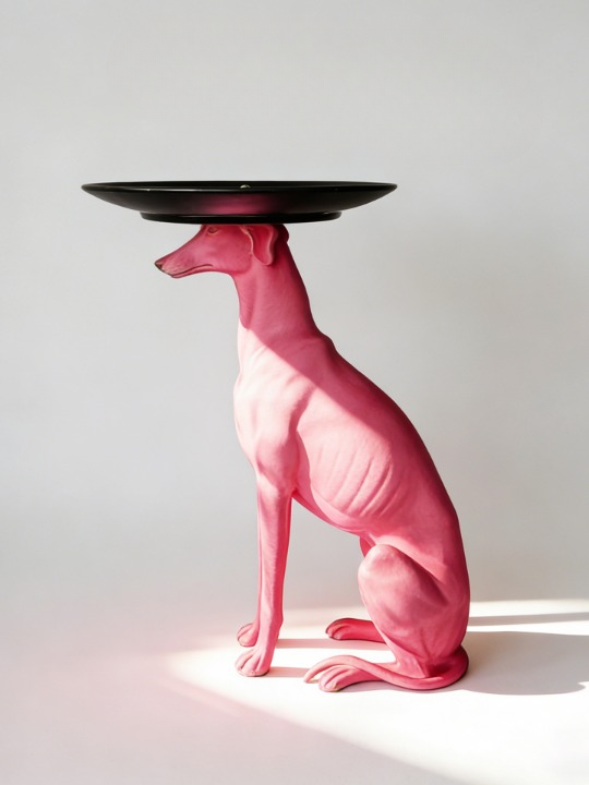 Pink Dog Tray Table Sculpture, Modern Animal Side Table with Round Metal Tray, Decorative Resin Pedestal Accent Table for Living Room, Entryway, Bedroom, Office, Hotel Decor
