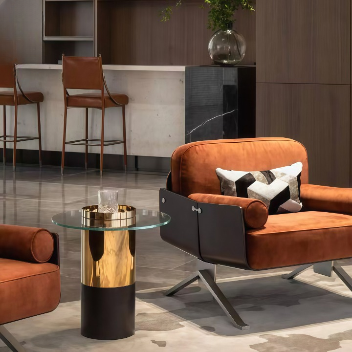 Burnt Orange Velvet Accent Chair with Metal Shell Frame, Modern Upholstered Lounge Armchair with Bolster Pillow, Swivel Style Statement Chair for Living Room, Bedroom, Office, Hotel Lounge and Reading Corner