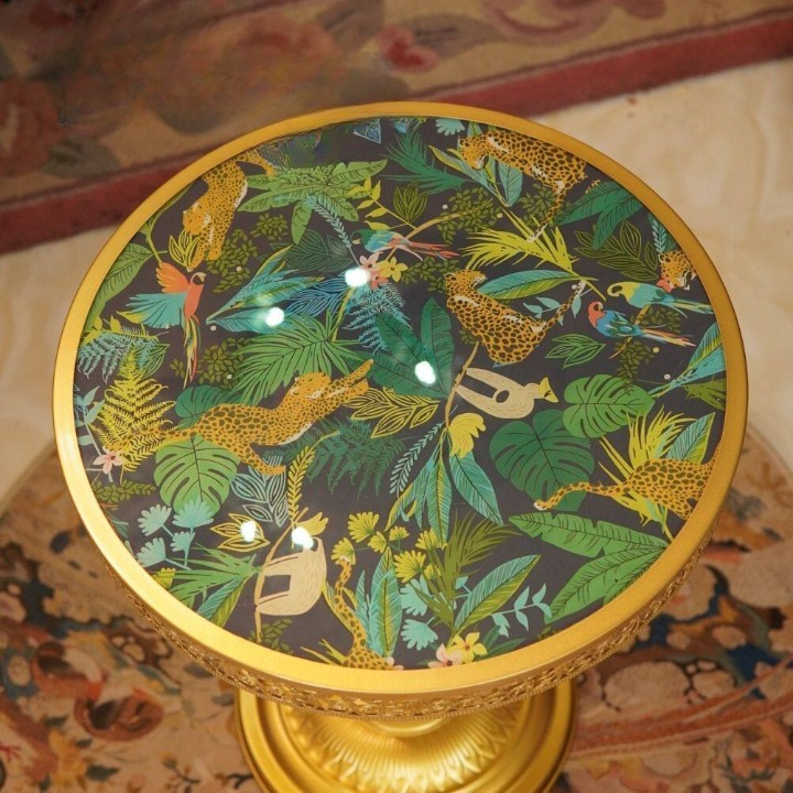 Gold Round Pedestal Side Table, Tropical Botanical Print Accent Table with Decorative Tray Top, Luxury Small Sofa End Table for Living Room, Bedroom, Entryway and Lounge Decor