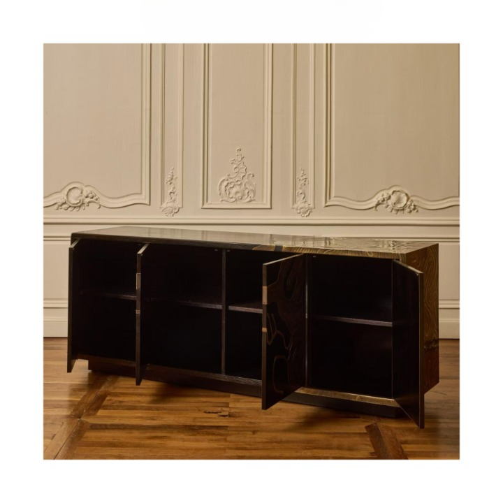 Dark Wood Sideboard Cabinet, Modern Storage Cabinet with Gold Line Art Door Fronts, Italian Minimalist Buffet Cabinet for Living Room Dining Room Entryway