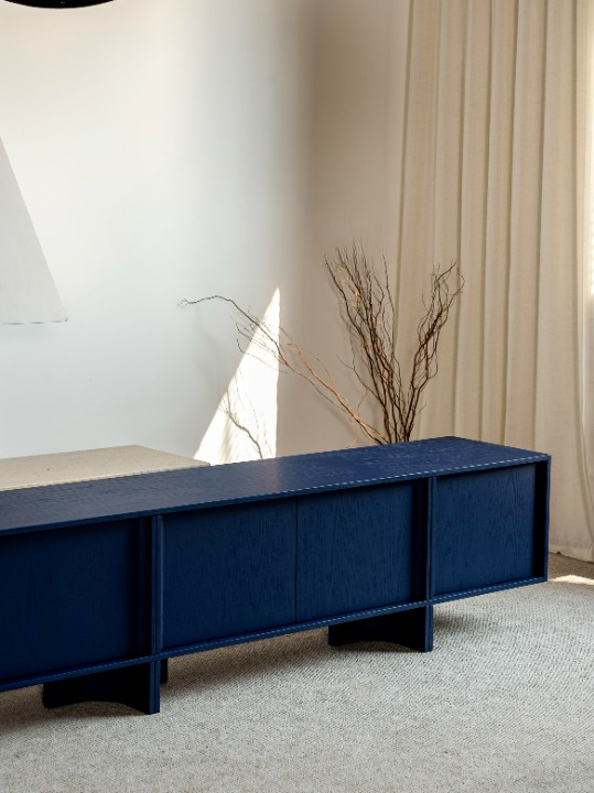 Blue Solid Wood TV Stand, 4 Door Media Console for Living Room