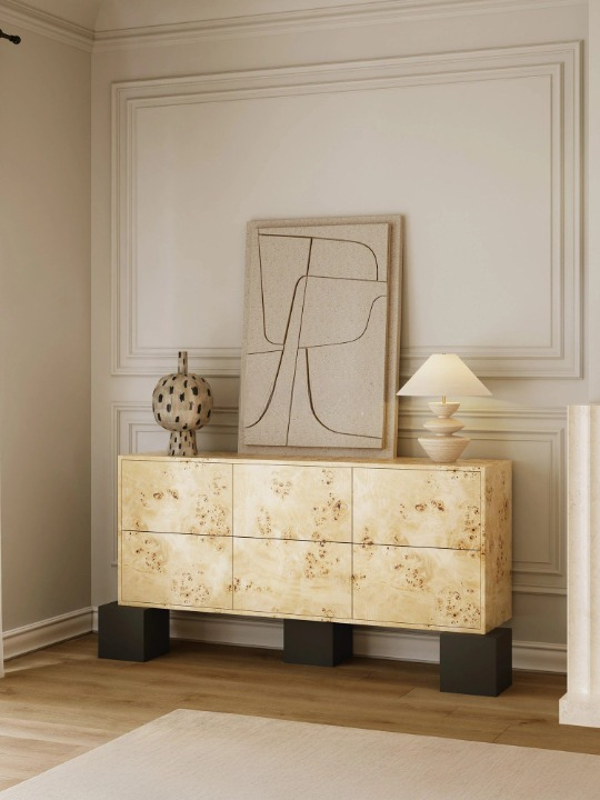 Burl Wood 6 Drawer Sideboard Cabinet, Vintage Modern Storage Credenza with Black Block Legs, Solid Wood Buffet Cabinet for Dining Room, Living Room, Entryway, Bedroom