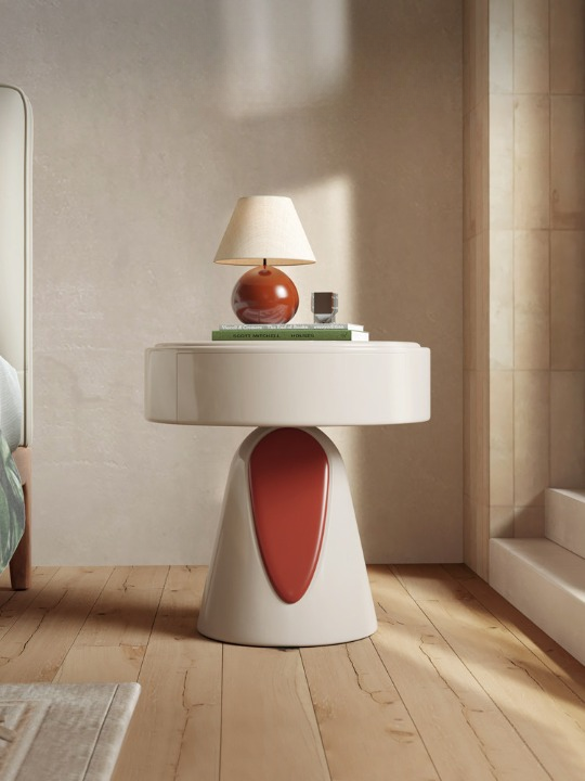 Cream White Round Nightstand, 17.7 Inch Modern Bedside Table with Drawer and Sculptural Base, Glossy Accent Storage Cabinet for Bedroom, Guest Room, Apartment, Dorm, and Small Spaces