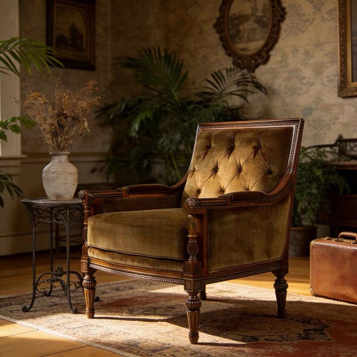 Brown Velvet Tufted Accent Chair with Carved Solid Wood Frame