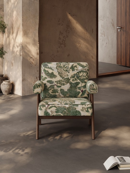 Green Botanical Accent Chair, Upholstered Lounge Armchair with Wood Frame, Mid Century Style Single Sofa Chair for Living Room, Bedroom, Balcony and Reading Corner
