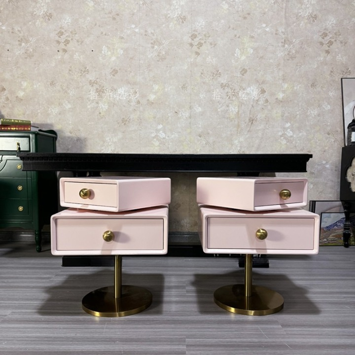 Pink Rotating Nightstand with 2 Drawers and Gold Pedestal