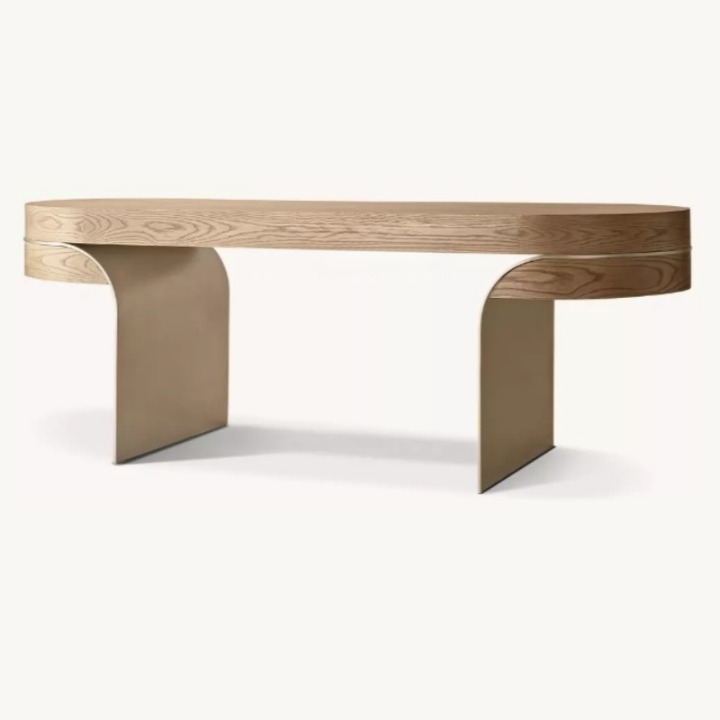 Modern Wood Writing Desk with Curved Metal Legs, Home Office Desk with Storage Drawer for Bedroom, Study, Executive Office, Vanity Table, Natural Wood