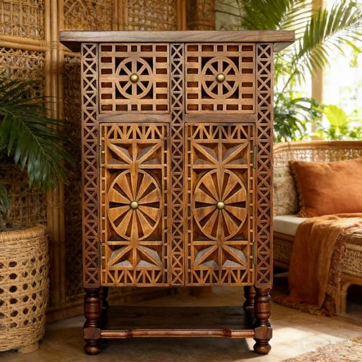 Hand-Carved Solid Wood Entryway Cabinet, Narrow Accent Storage Cabinet with 2 Doors, 2 Drawers, Lower Shelf and Geometric Panel Design for Foyer, Hallway or Living Room