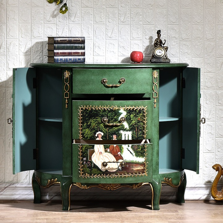 Green Hand-Painted Demilune Storage Cabinet for Entryway and Living Room