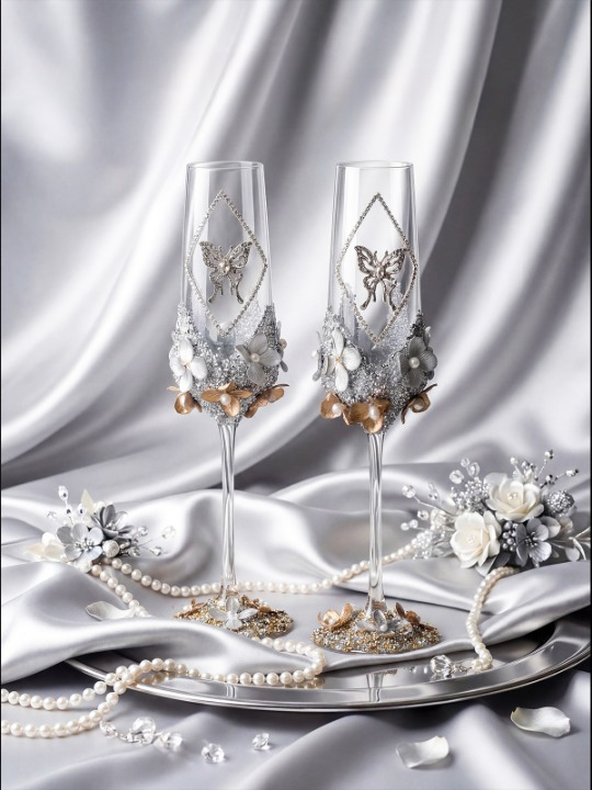 Set of 2 Rhinestone Butterfly Champagne Flutes, 8.8 oz Glasses