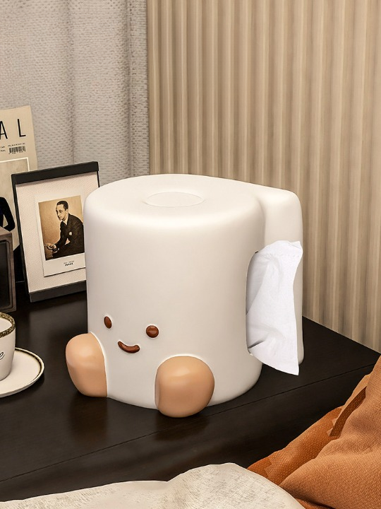 White and Beige Ceramic Character Tissue Box Holder, Cute Smiling Person-Shaped Facial Tissue Cover with Side Dispensing Opening for Living Room, Bedroom, Bathroom and Office Desk Decor