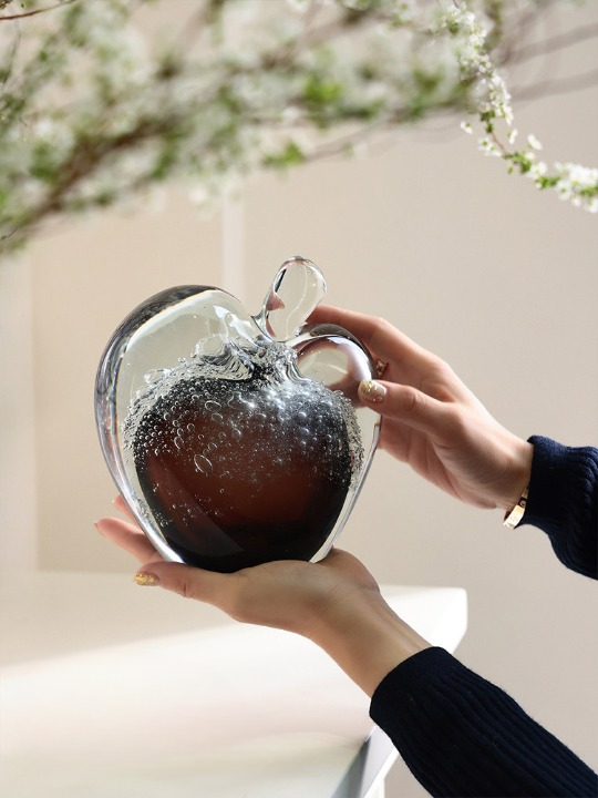 Glass Apple Sculpture, Clear Art Glass Figurine for Tabletop Home Decor