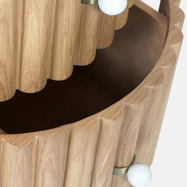 Natural Wood Fluted Round Nightstand with White Marble Top, 2 Drawer Bedside Table with Ball Feet, French Vintage Bedroom End Table for Living Room and Small Spaces