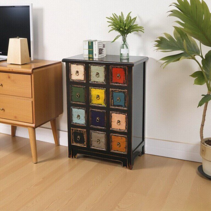 Rustic Farmhouse 12 Drawer Accent Cabinet, Distressed Multicolor Apothecary Style Wood Storage Chest, Black Entryway Cabinet for Bedroom, Living Room, Hallway, Office, and Media Storage