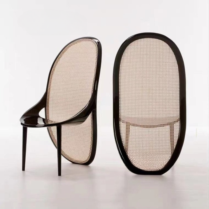 High Back Rattan Dining Chair with Black Wood Frame, Cane Woven Accent Chair, Modern Nordic Side Chair for Dining Room, Living Room, Cafe, Hotel, Reception and Study