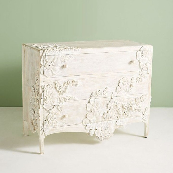 Whitewashed Floral Carved 3-Drawer Dresser Chest