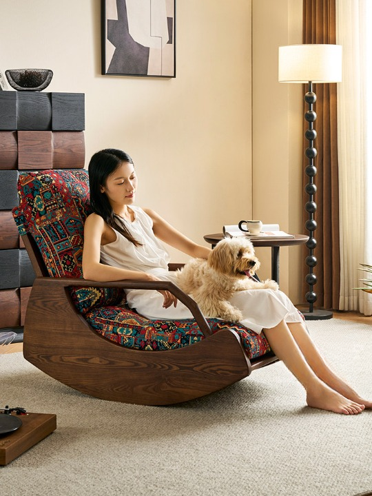 Solid Ash Wood Rocking Chair with Removable Upholstered Cushion, Adjustable Backrest Lounge Chair for Living Room, Bedroom, Reading Nook and Enclosed Balcony