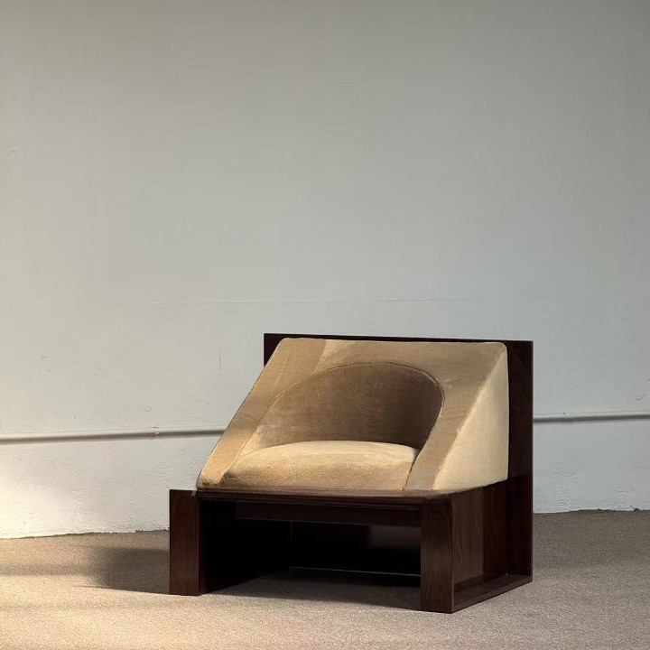 Modern Burl Wood Accent Chair, Brown Upholstered Lounge Chair with Geometric Frame, Wabi Sabi Single Sofa Chair for Living Room, Bedroom, Hotel Lobby, Office, Reading Corner