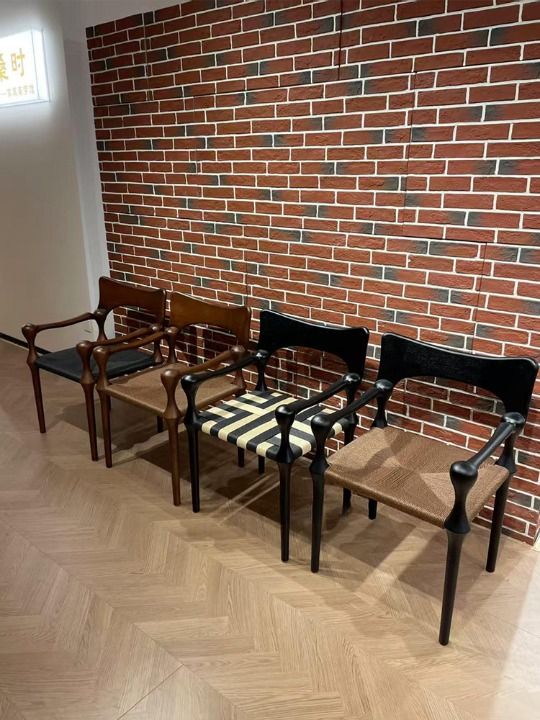 Black Solid Wood Dining Chair with Arms, Handwoven Rope Seat, Sculptural Vintage Accent Chair for Dining Room, Kitchen, Cafe, Study, Tea Room, Restaurant, and Living Room