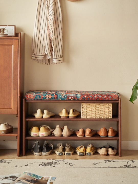 Solid Ash Wood Shoe Storage Bench with Removable Cushion, 3-Tier Entryway Shoe Rack