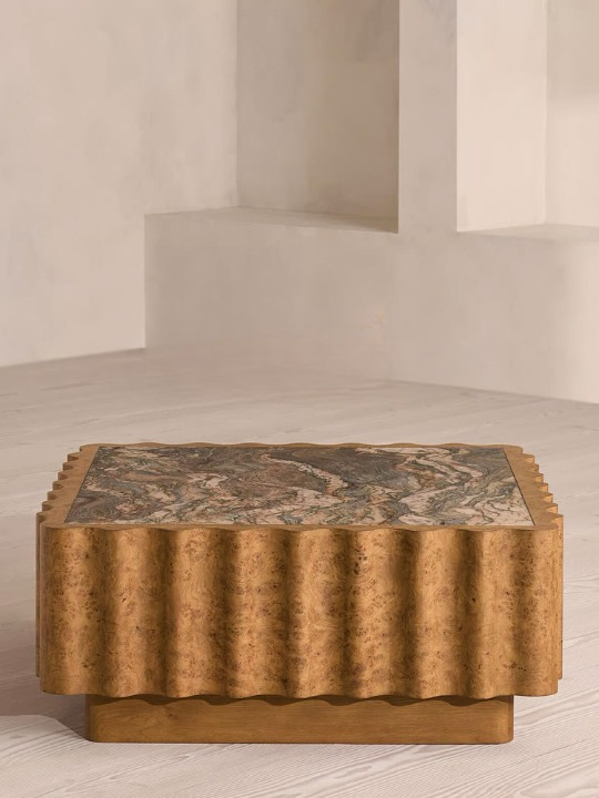 Square Marble Top Coffee Table, Burl Wood Accent Cocktail Table for Living Room