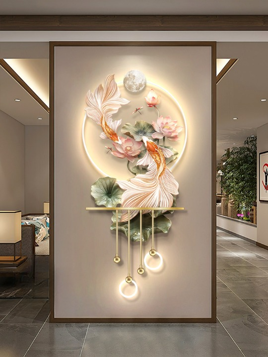 Modern Koi Fish Wall Art 27 x 57 Inch, 3D Lotus LED Lighted Wall Decor